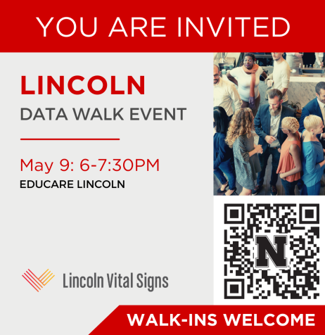 You are invited to the Lincoln Data Walk event, May 9, 6-7:30pm at Educare Lincoln. Walk-ins welcome. Lincoln Vital Signs. With image of diverse group of people in discussions.